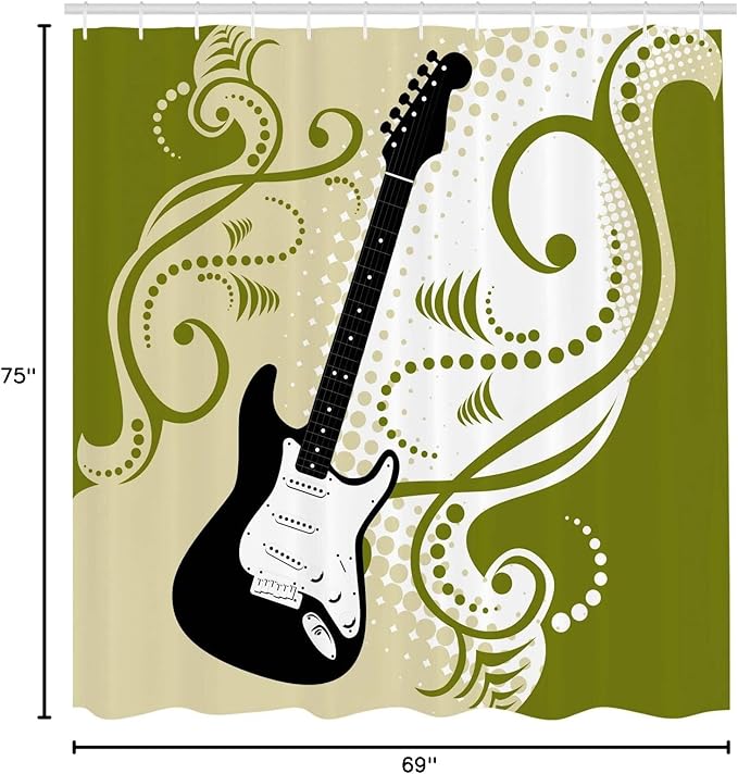 Ambesonne Music Shower Curtain, Electric Bass Guitar with Swirls Background Illustration, Cloth Fabric Bathroom Decor Set with Hooks, 69" W x 75" L, Olive Green White Black