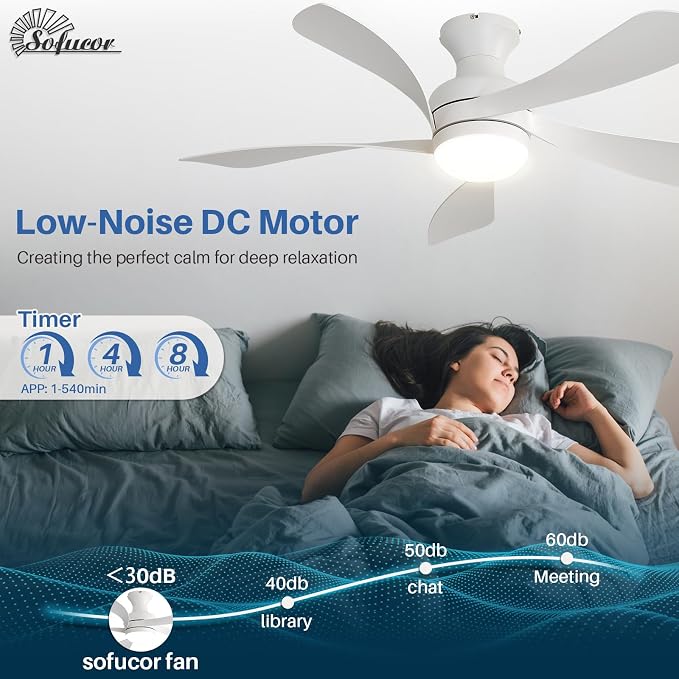 Sofucor Smart 42'' Low Profile Ceiling Fan with Lights and Remote, Flush Mount Ceiling Fan Work with APP/Alexa/Google for Modern Bedroom Living Room Patio, Dimmable LED Quiet Reversible DC Motor