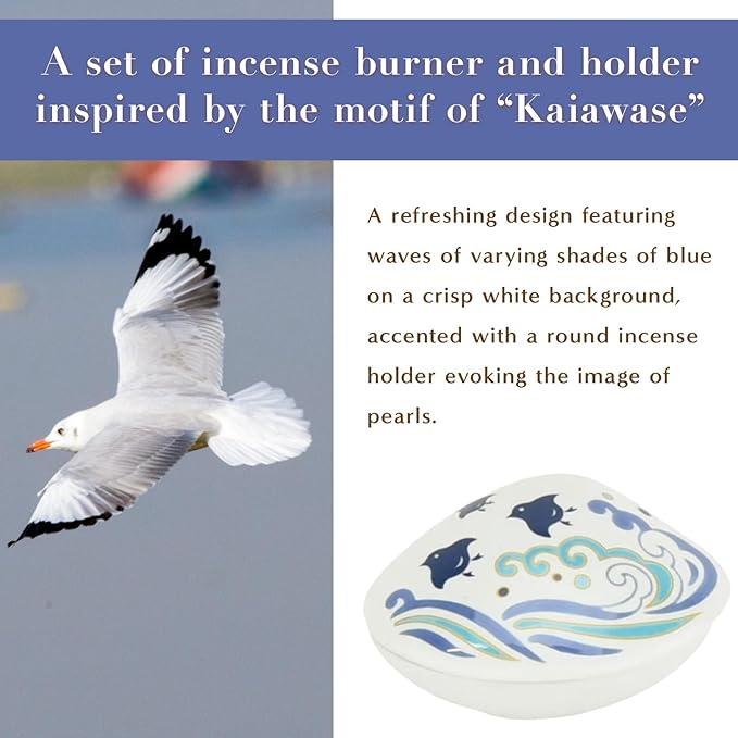 Hasegawa Shell Incense Dish & Holder Set: Heian-Inspired Kaiawase Motif - White with Blue Waves, Pearl-Like Incense Holder - Ideal Gift, Doubles as Decor - Porcelain