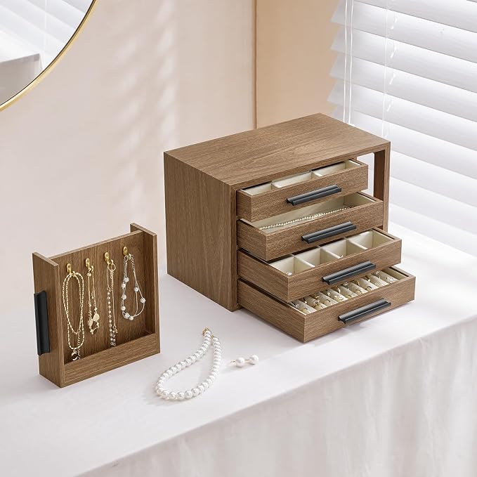 HOOBRO Jewelry Box for Women, Wooden Jewelry Organizer with Transparent Window, 4-Layer Jewelry Organizer Box, Jewelry Holder Organizer for Earrings, Necklaces, Rings, Light Walnut and Black BSD09JB04