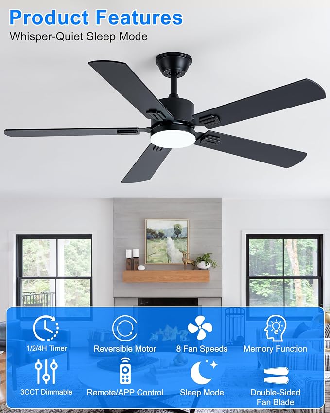 Coolwind 56 Inch Black Modern Ceiling Fan with Display Remote/APP Control, Quiet Ceiling Fan with Light with 8 Speeds & 3CCT, Dimmable, Timer, DC Reversible Motor for Bedroom, Living Room