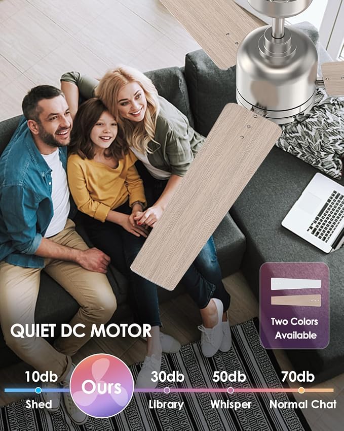 52 inch Ceiling Fans with Lights and Remote, Brushed Nickel Ceiling Fans Dimmable 3 Color Temperature, Timer, 3 Blades, 6 Speed Modern Fan Quiet Reversible DC Motor for Indoor or Covered Outdoor