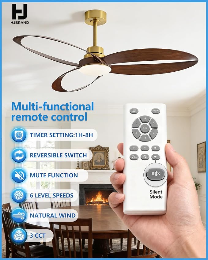 52"Ceiling Fan Indoor Ceiling Fans with Lights and Remote,New Round 3 Blades With 24W 2400LM High Bright LED Light , 3-Color Light 6-Speed Timing Reversible DC Motor for Bedroom Living Room Patio