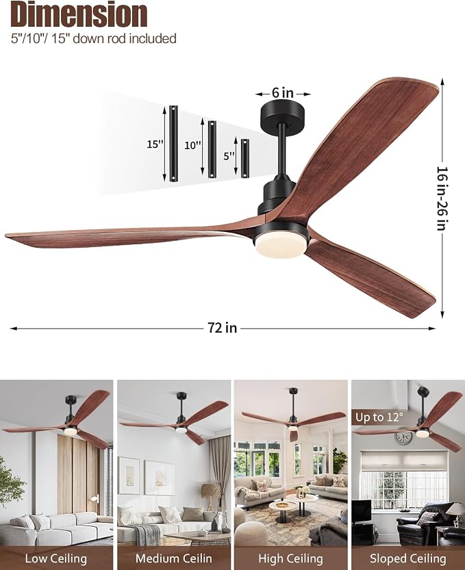 Ceiling Fans with Lights and Remote, 72 Inch Outdoor Ceiling Fan with Light, 3 Downrods, ETL Listed, 3 Blades and 6 Speed Large Ceiling Fans Quiet DC Motor for Patio Farmhouse, 72in,Walnut