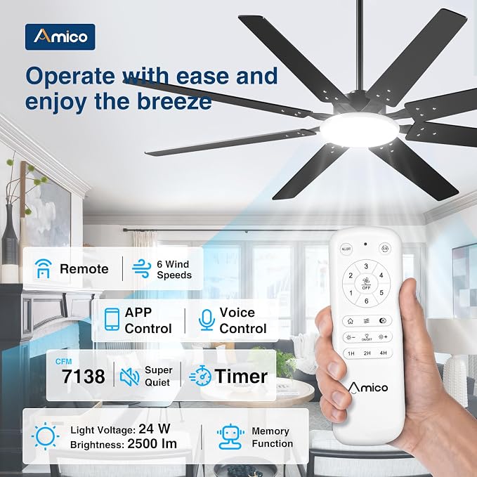 Amico Ceiling Fans with Lights, 72 inch Smart Ceiling Fan Compatible with Alexa/App/Remote Contro,Reversible DC Motor, 6 Speeds, Dimmable 3CCT LED, Quiet Indoor/Outdoor for Living Room, Great Room