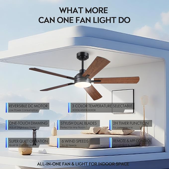 JSAITEE 52 Inch Smart Ceiling Fan with Lights, Remote & App Control, DC Reversible Motor, 6 Speeds Quiet 35dB, 3CCT Dimmable LED, Low Profile Modern Ceiling Fans for Bedroom Living Room, Brown