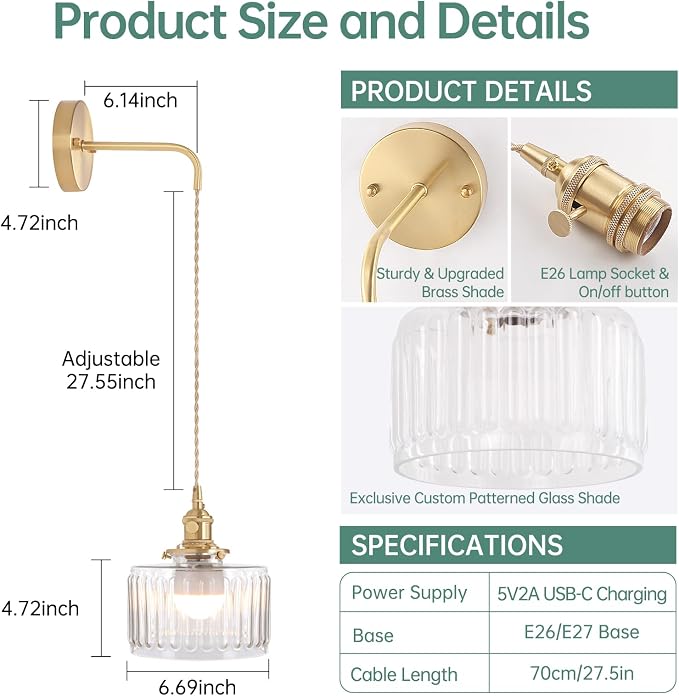 Shenmoyl Battery Operated Wall Sconce with Clear Striped Shade Pattern Glass Adjustable Chain Retro Gold Wall Mounted Light, Modern Wall Lamp Fixtures Decor for Bedside Bedroom Indoor Doorway
