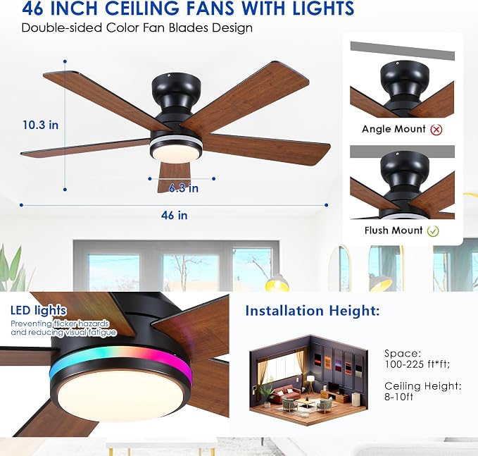 Brown RGB Ceiling Fans with Lights - 46" Flush Mount Ceiling Fan with Remote APP, RGB+3CCT Dimmable Led Light, Reversible 6 Wind Speeds&2H Timer, Low Profile Modern Fan Light Fixture for Bedroom Party