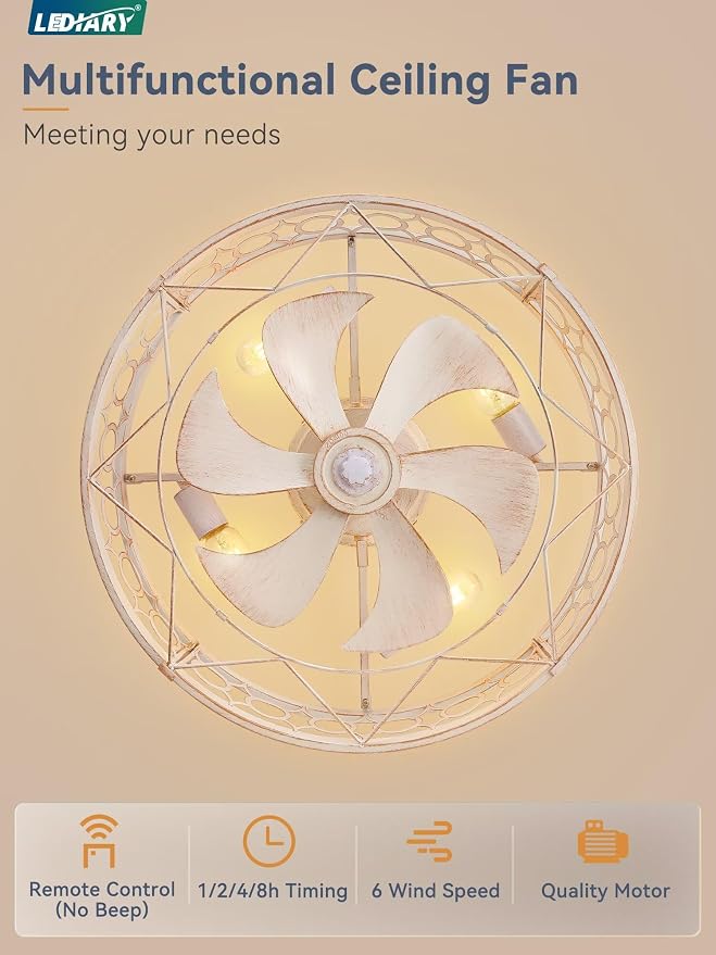 LEDIARY Caged Flush Mount Ceiling Fans with Lights, 23 Inch Farmhouse Low Profile Ceiling Fan with Remote, Small Bladeless Fan Lights Ceiling Fixtures for Bedroom, Kitchen- White and Gold