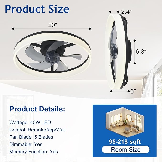 DLLT Low Profile Ceiling Fan: 20" Modern Flush Mount Ceiling Fans with Lights for Bedroom - Black LED Bladeless Fandelier with APP Remote Control 3000K-6500K Quiet DC Motor for Kids Room Living Room