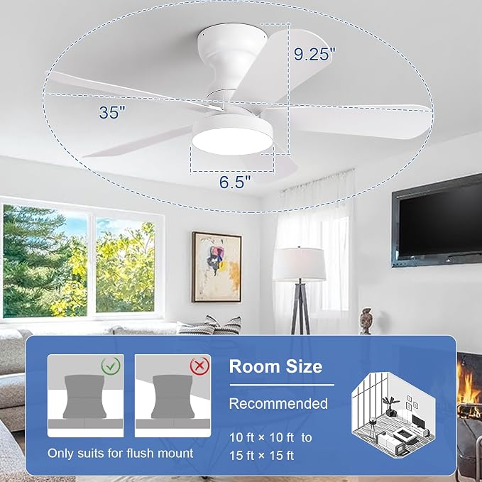 Depuley Small Ceiling Fan with Lights: 35-Inch Flush Mount Fan with Light and Remote - White Low Profile Ceiling Fans Reversible Quiet DC Motor for Bedroom Living Room Indoor Outdoor