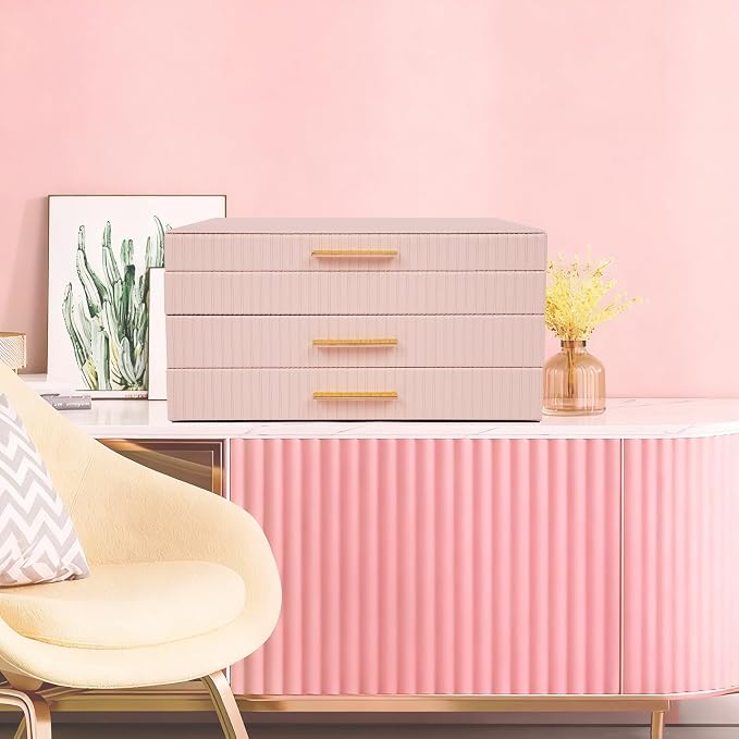 Dajasan Jewelry Box Organizer, 3-Tier Jewelry Storage Organizer with 2 Drawers, Large Jewelry Box for Girls Women, PU Leather Surface with Texture, Gift Idea, Modern Style (Pink)