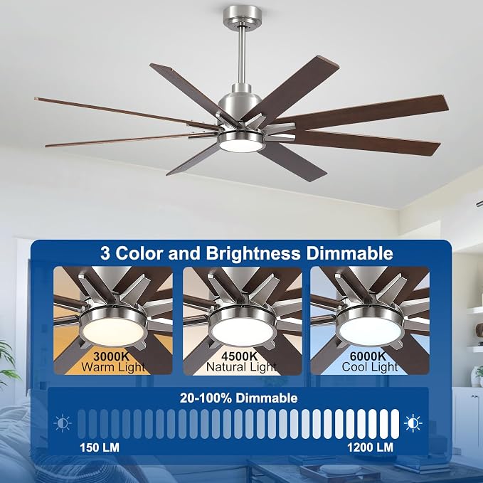 Rayqueen 62 Inch Brushed Nickel Ceiling Fans with Lights and Remote,Downrod | Walnut Blades,6 Speed Reversible DC motor,3-color temperature dimmable LED.For indoor/covered outdoor.5.9/11.8 inch downrod