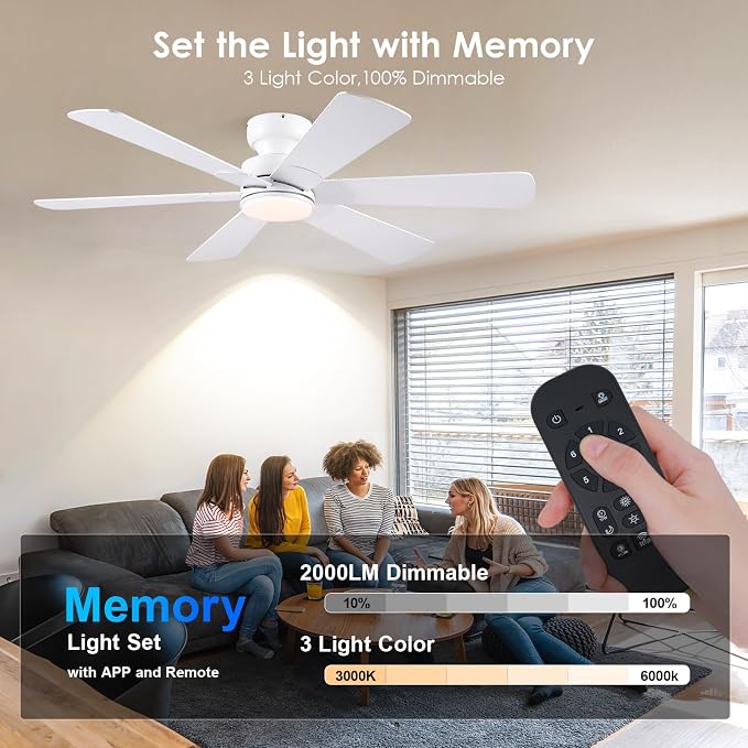 52 inch Ceiling Fans with Lights, Ceiling Fan with Remote APP, Dual-Sided Modern/Rustic 6 Blades, Reversible, 3CCT, Flush Mount Low Profile Ceiling Fan with Lights Bedroom Kitchen Indoor White