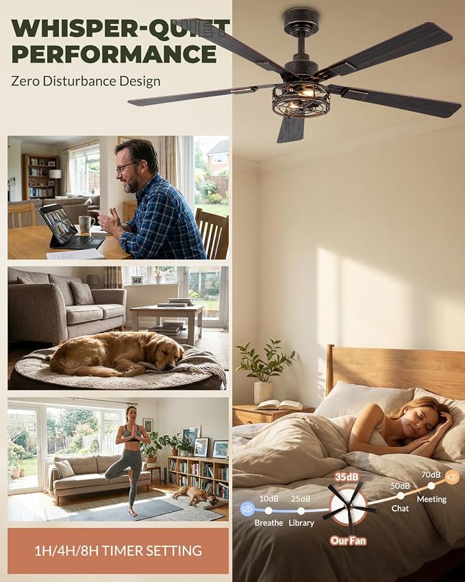 52 Inch Ceiling Fans with Lights and Remote, Farmhouse Caged Flush Mount Ceiling Fan, 6-Speed Quiet and Reversible DC Motor Ceiling Light Fixtures for Bedroom, Living Room, Black and Gold, 2 Pack