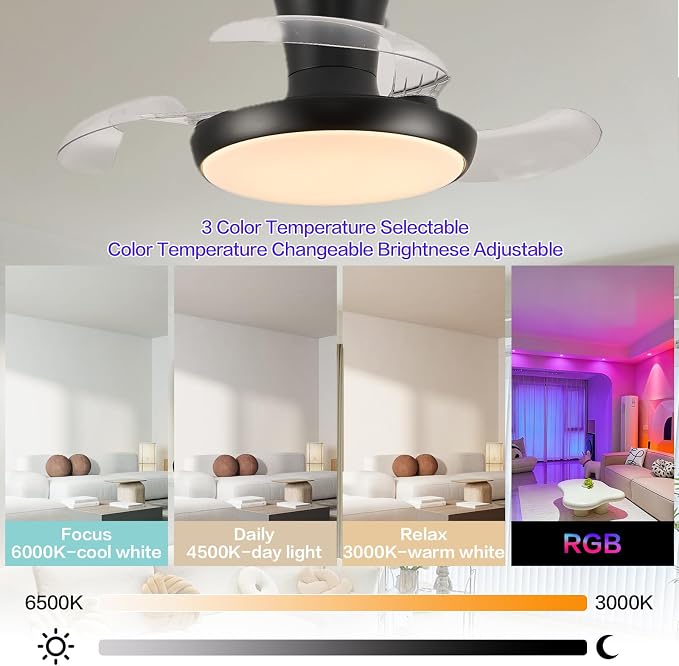 30" RGB Chandelier Fan, Black Modern Fandelier,Dimmable LED Ceiling Fan with Light,6-Speed Reversible,Remote APP Control,for Bedroom Living Room