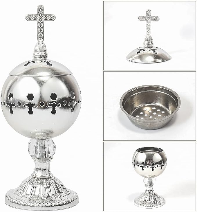 Nazareth Store Silver Charcoal Incense Burner Catholic Cross Censer Brass Plated Distiller for Church and Home
