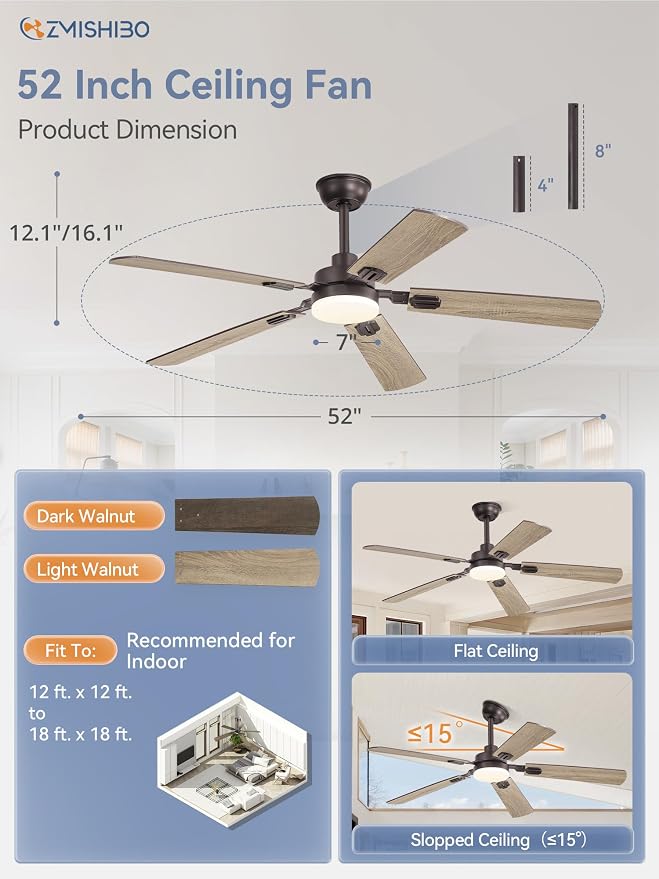 ZMISHIBO 52" Ceiling Fans with Lights, Oil Bronze Farmhouse Ceiling Fan with Remote & App Control, Rustic Indoor Fan with Dual Finish Blades, Quiet & Strong Motor, 24W Dimmable Bright LED Light.