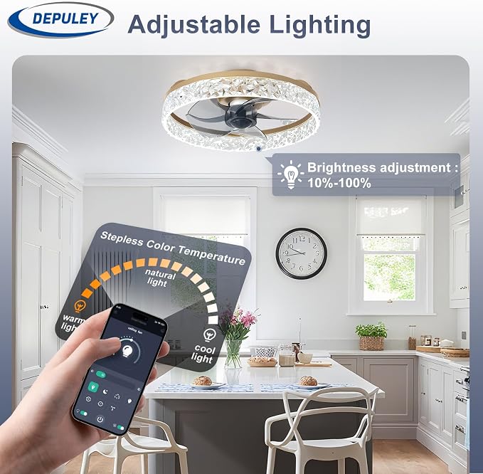 Depuley Ceiling Fans with Lights and Remote: 16" Modern Low Profile Flush Mount Ceiling Fan with App Remote Control - Gold Fandelier for Bedroom Living Room Kitchen Dimmable Quiet DC Motor