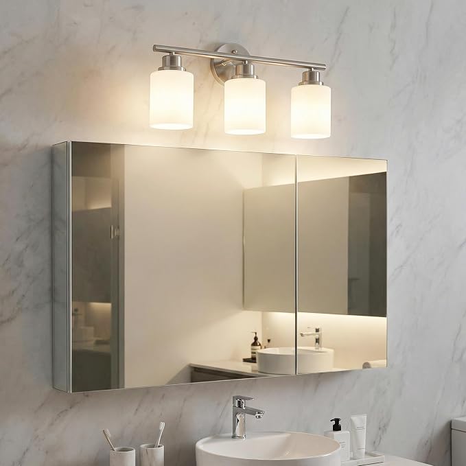 Unicozin 3 Light Bathroom Light Fixtures, Modern Vanity Lights with Milky Glass Shade, Brushed Nickel Wall Lamp Over Mirror for Bathroom, Living Room, Cabinet, Bedroom, E26 Base