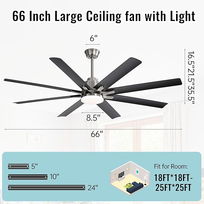 Sofucor 66 Inch Ceiling Fans with Lights, Smart Indoor Outdoor Ceiling Fan with Remote, Work with Alexa/Google, Low Profile Ceiling Fan with Light, Black Large Ceiling Fans Light for Patio Bedroom