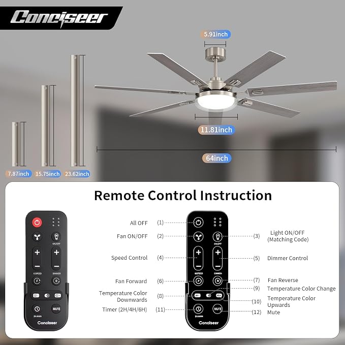 64 Inch Ceiling Fans with Lights and Remote,Living Room Office Library Cafe Outdoor, 5CCT Dimmable, Dual Color 7 Blades, 6 Speed Reversible Quiet DC Motor, Dual-Layer Shade, Sand-nickel/Wood Grain