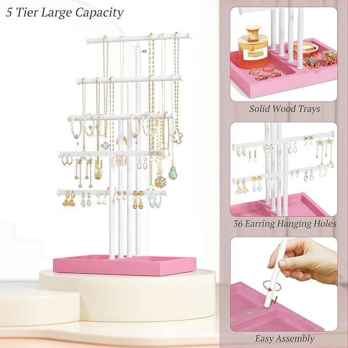 Love-KANKEI Jewelry Organizer Stand 5-Tier,Adjustable Height,Pink/White | Metal Rod,Solid Wood Base,Easy to Install,Tree Style,Display Long Necklaces,Bracelets,Earrings,Rings,Watches,Bangles,Gift