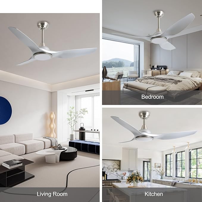 52 Inch DC Motor 3 Blade Modern Silver Ceiling Fan with Light and Remote | Quiet, 6 Speed High CFM, Indoor Ceiling Fan for Bedroom Living Room Porch