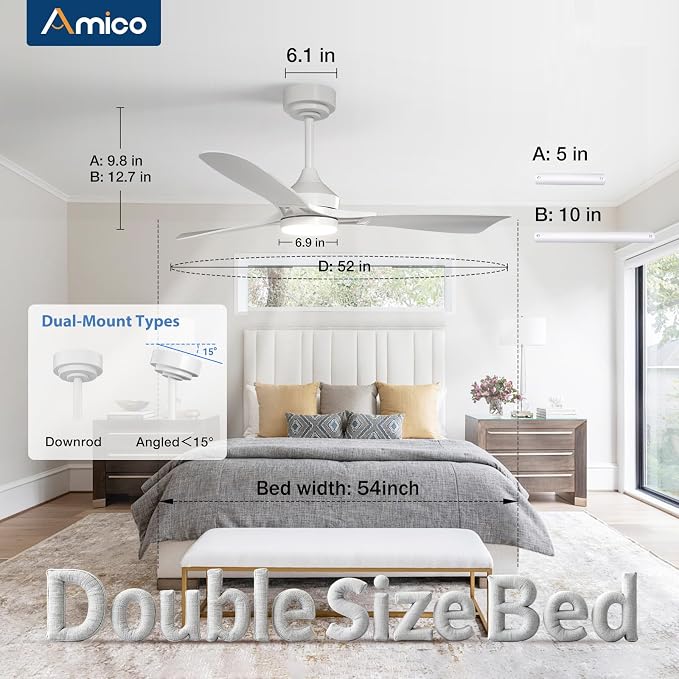Amico 52 Inch Ceiling Fan with Lights, Modern White 3-Blade Ceiling Fan with Remote Control, Dimmable LED, 3CCT, Quiet Reversible Motor, Indoor/Outdoor for Patio, Living Room, Bedroom, Kitchen