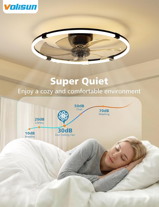 VOLISUN Low Profile Ceiling Fan with Lights and Remote, 23.6in Bladeless Ceiling Fans with Light Flush Mount, Dimmable Modern LED Fan Light, Black Fandelier Ceiling Fans for Bedroom,Living Room