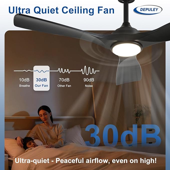 Depuley 52-Inch Ceiling Fan with Light: Black 3 Blade Outdoor Fans for Patios - Dimmable Indoor Fan with Remote Control Fandelier for Living Room Bedroom Porch Quiet Motor Reversible 6 Speed Timer