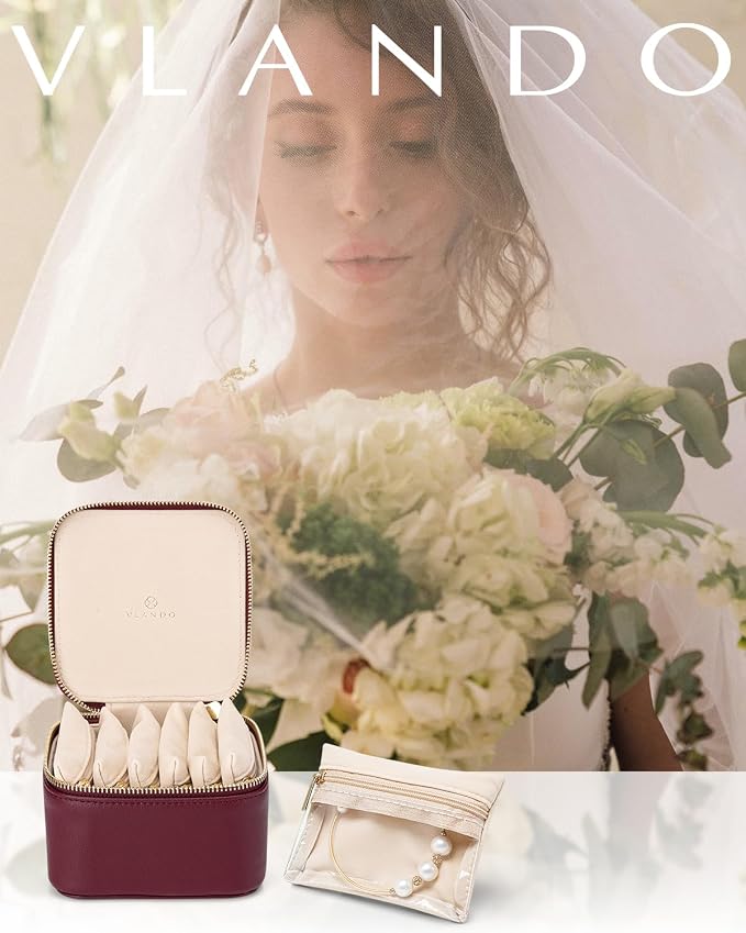 VLANDO Jewelry Travel Case,Travel Jewelry Organizer with Clear Velvet Jewelry Bags 6Pcs Zipper Pouch for Women-Red