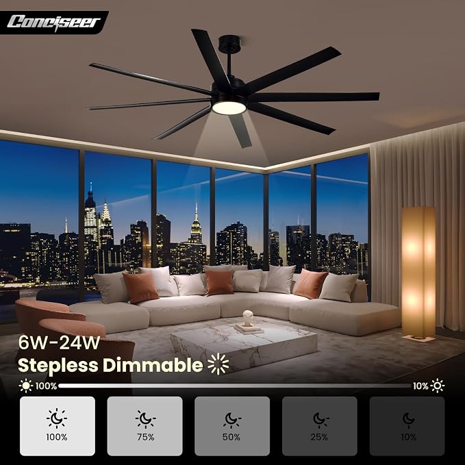 Modern Ceiling Fans with Lights, 72 Inch Ceiling Fan with Light and Remote, Bedroom Living Room Library Cafe Outdoor/Industrial,24W 6CCT Dimmable, 8 Blades 6 Speed Reversible Quiet DC Motor, Black