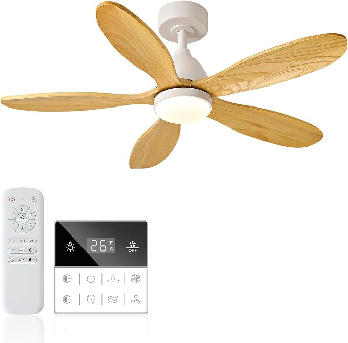 42 Inch Solid Wood Ceiling Fans With Lights, Remote Control, Dimmable, Reversible, Wood Blades, Power-Off Memory, Quiet DC Motor, Indoor/Oudoor Ceiling Fan with Light for Patio,Farmhouse