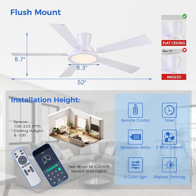 Ayaoty Ceiling Fans with Lights - 52in Flush Mount Ceiling Fan with RGB Dimmable, 3CCT 6 Wind Speeds and Reversible Quiet Motor, Low Profile RGB Fan Light for Modern Indoor, Party - White