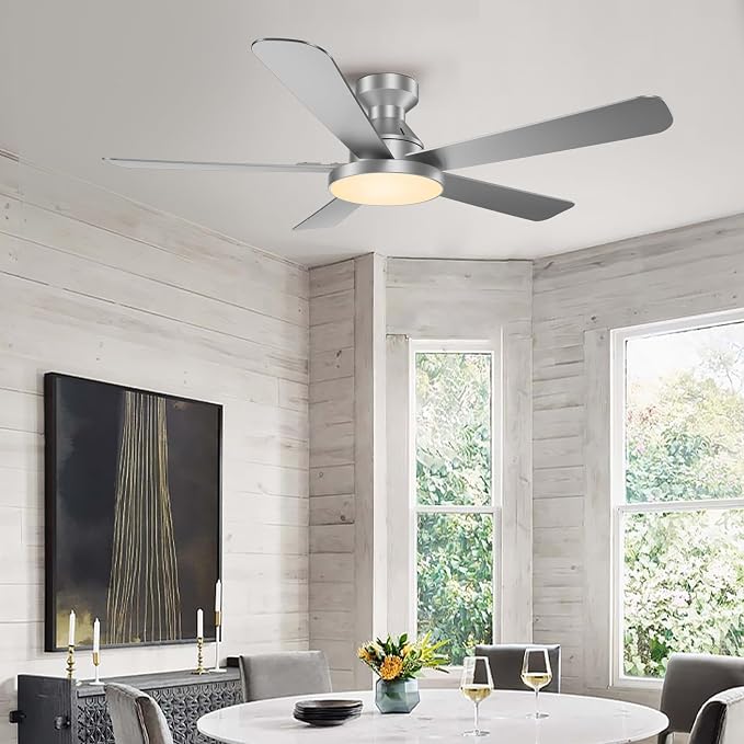 Ceiling Fans with Lights, 52 inch Low Profile Ceiling Fan with Light, Remote/App Control, Flush Mount Modern Ceiling Fan for Bedroom, Indoor/Outdoor (Silver)