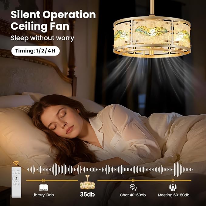 AIJIASI Gold Fandelier Ceiling Fans with Lights, 20" Caged Ceiling Fan with Light and Remote Control, Chandelier Ceiling Fan Low Profile with 6 Speeds for Bedroom, Living Room, Nursery