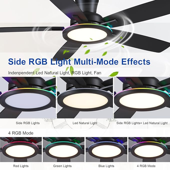 BYKISTOK Flush Mount Ceiling Fan with RGB Light - 52In Black Ceiling Fan Light with Reversible Mute Motor, LED 3CCT Dimmable, Low Profile Modern Ceiling Fans for Indoor, Party, Covered Outdoor