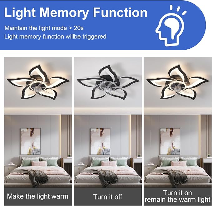26" Geometric Ceiling Fan with Lights Remote Control, 6 Speeds 3 Colors, Black Low Profile Flush Mount Ceiling Fan for Kitchen Bedroom Living Room