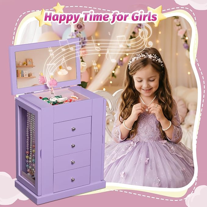 Emfogo Jewelry Box for Girls, Musical Jewelry Box with Spinning Dancer Gifts for Little Girls Christmas New Year Birthday Children's Day, 5 Layer Large Wooden Kids Music Jewelry Organizer Box(Purple)