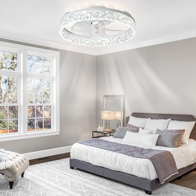 Depuley Ceiling Fans with Lights and Remote: 16" Modern Low Profile Flush Mount Ceiling Fan with App Remote Control - White Fandelier for Bedroom Living Room Kitchen Dimmable Quiet DC Motor