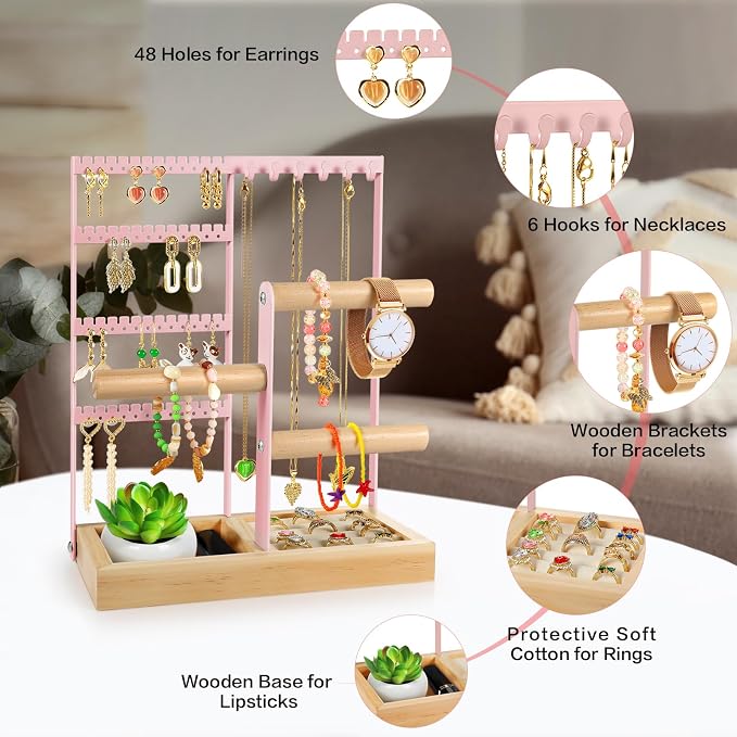 Godboat Jewelry Stand - 48 Holes Earring Holder, 4-Tier Necklace Organizer | 6 Hooks Jewelry Organizers and Storage, Bracelet Ring Rack with Wood Box, Preppy Gift Room Decor for Teen Girls Women, Pink