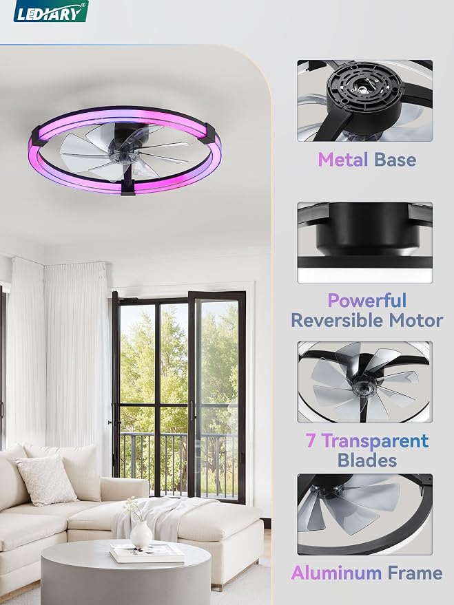 LEDIARY Ceiling Fan with Light,23inch Low Profile Fandelier with Remote RGB | RGB,6 Speeds, Reversible DC Motor, Dimmable Flush Mount Fan Light, Modern fans for Bedroom