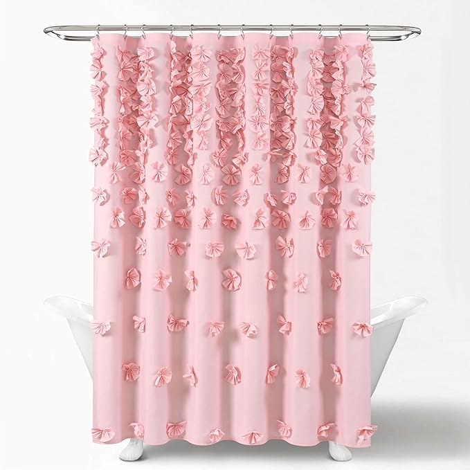 Lush Decor Riley Shower Curtain, 72" W x 72" L, Pink - Bathroom Curtain - Coquette Decor - Bow Shower Curtains - Cottage Core - Fabric Shower Curtains