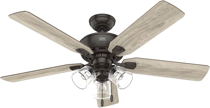 Hunter Rosner, Indoor, Ceiling Fan, Standard Mount, 52 inch, Noble Bronze | with LED Lights and Pull Chain, 5 Blades, For Bedroom, Living Room, Kitchen, 3 inch Downrod, 52345