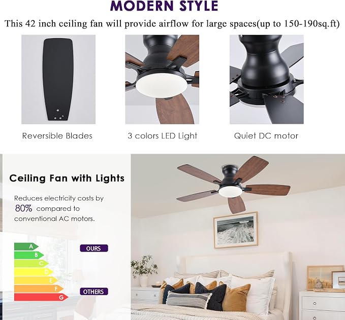 NKPU Ceiling Fans with Lights, Low Profile Ceiling Fan with Light and Remote/APP Control, DC Motor, Noiseless, Flush Mount, 42inch Brown Ceiling Fan for Bedroom Indoor/Outdoor Use