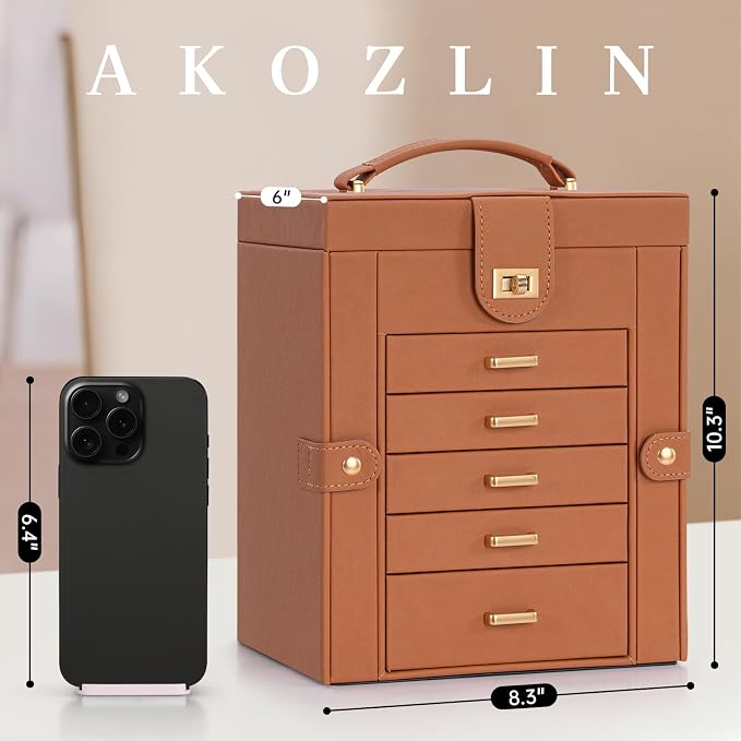 AKOZLIN 6-Tier Jewelry Box Organizer Functional 5 Drawers Leather Jewelry Storage Case for Women Girls Ring Necklace Earring Bracelet Holder Organizer with Mirror Orange Regular