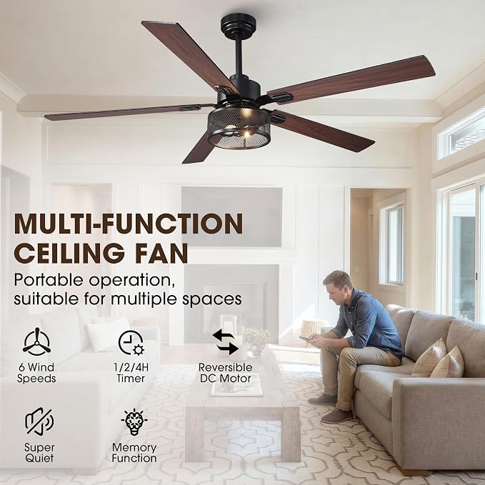 60 Inch Farmhouse Ceiling Fan with Lights and Remote/APP Control, Large Outdoor Ceiling Fan with 6 Speeds Reversible DC Motor, Rustic Ceiling Fan for Living Room Dining Room Patio