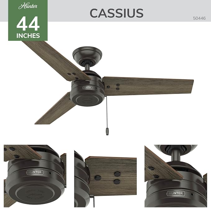 Hunter 44" Cassius Indoor/Outdoor Ceiling Fan, Pull Chain, Noble Bronze | Covered patios and porches get a no-light design, droop-free blades, and compact scale for offices or small rooms.