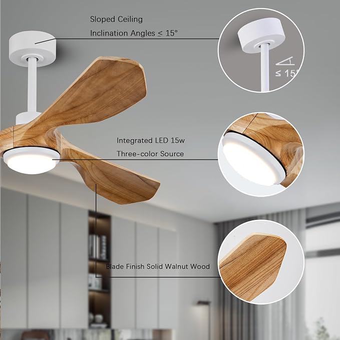 52" Solid Wood Ceiling Fan With Light,Silent Reversible Dc Motor And Remote | tung wood blades, copper dc motor,6-speed reversible remote, 1500lm led light, under 30db quiet,2 downrods for indoor outdoor